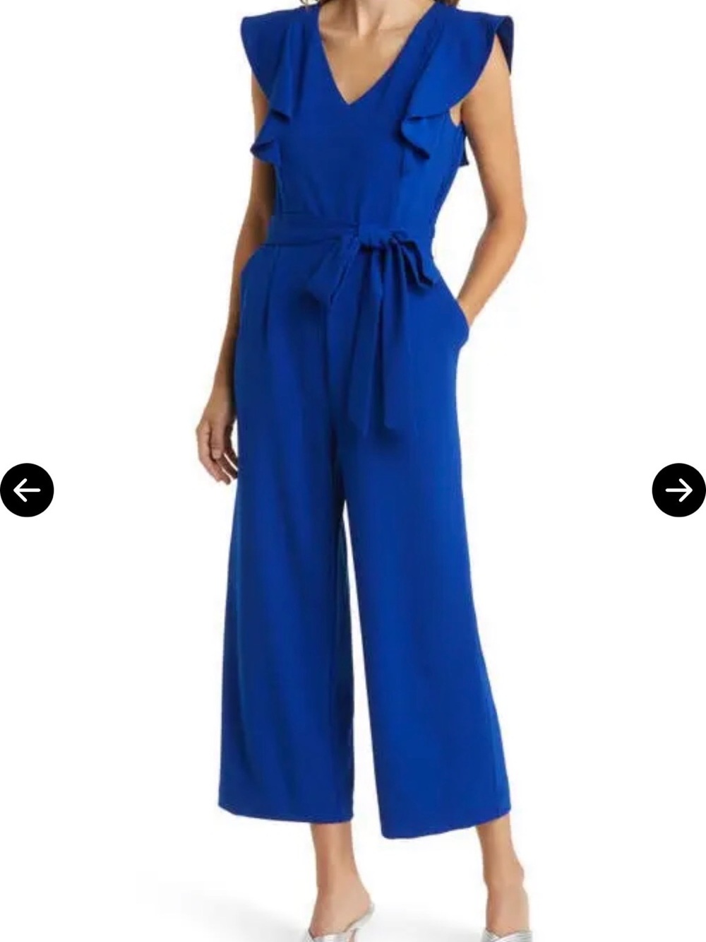 Tahari ASL Royal Blue Ruffle V‑Neck Wide‑Leg Jumpsuit